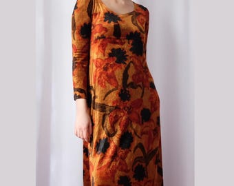 Vintage 90s Velvet A Line Long Dress with Floral Lily Print in Orange and Terracotta