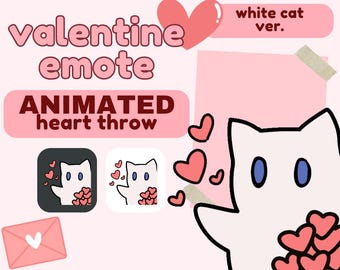 Gesto animado de lanzamiento de corazón de gato blanco para el día de San Valentín Twitch Discord Youtube Kick Holiday Love Cute