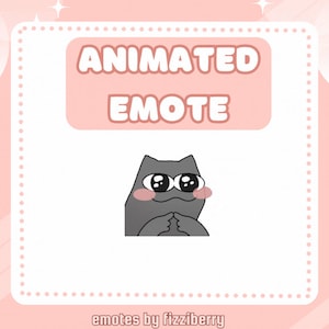 Puede incluir: Emoticono animado de un gato gris con ojos grandes y mejillas rosadas, mirando hacia arriba y sonriendo. El texto "ANIMATED EMOTE" est&aacute; por encima del gato y el texto "emotes by fizziberry" est&aacute; por debajo del gato.