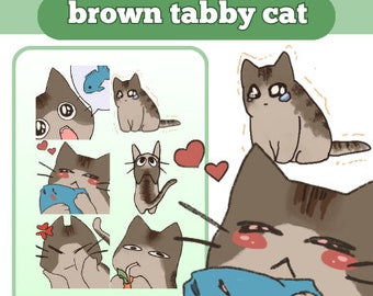 6 Cute Brown Tabby Cat Simple Emote Set Matte Chibi Meme Minimal Twitch Youtube Discord