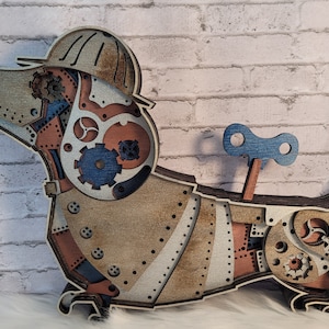 Multilayer wood steampunk dachshound dog.