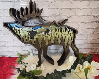 Elk multilayered Wood Wall hanging. Multilayer wood mandala