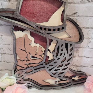 Cowboy Boots and Hat multilayer wood wall hanging