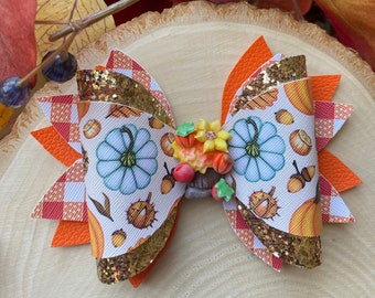 Handmade Fall Pumpkin Hairbow: Faux Leather Alligator Clip