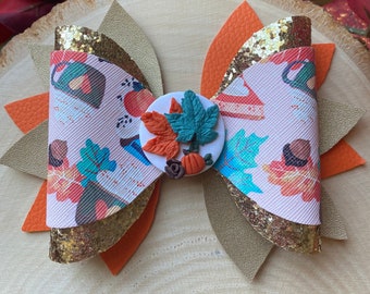 Handmade Fall Hair Bow: Faux Leather Leaf & Pumpkin Alligator Clip