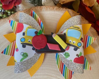School Hair Bow: Handmade Faux Leather Yellow Bus Clip