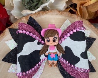 Handmade Cowgirl Hair Bow: Faux Leather Western Rhinestone Clip