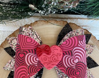 Hearts Faux Leather Hair Bow: Valentine's Day Alligator Clip
