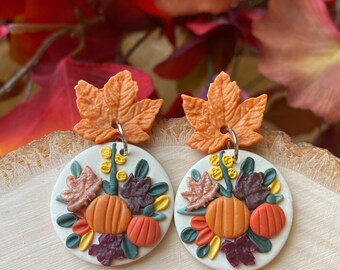 Handmade Fall Clay Earrings: Pumpkin Patch Leaf Design