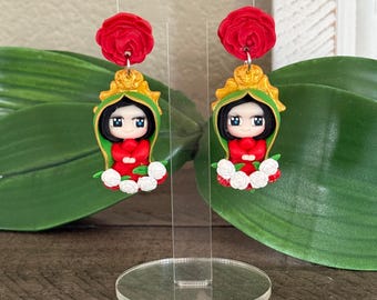Handmade Virgen de Guadalupe Earrings, Cold Porcelain, Nickel Free Posts