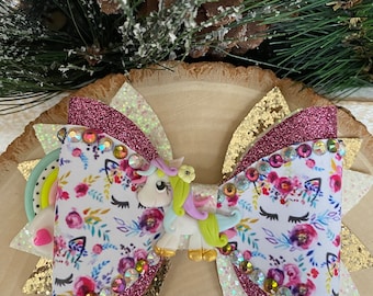 Handmade Rhinestone Unicorn Hair Bow: Faux Leather Alligator Clip