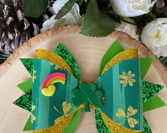 St Patrick's Day Hair Bow: Handmade Faux Leather Clover Clip