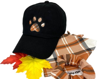 Matching Dog and Owner Set, Dog Mom Dad Hat, Fall Plaid Bandana Hair Scrunchie Set, Thanksgiving Bandana for Dogs, Dog lover Gift, Pet gift