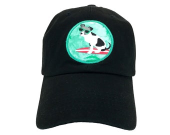 Dog Mom Baseball Cap, Surfing Dog Embroidered Custom Dad Hats, Cap For Dog Lovers, Gift for her, Low profile, Black Adjustable Dad Hat