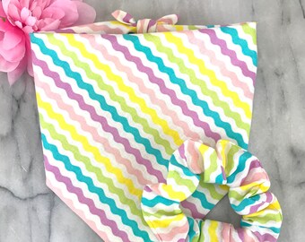 Matching Dog and Owner Easter Dog Bandana Hair Scrunchie Set, Pastel Striped Dog Scarf, Bandana for Dogs Doggies, Dog lover Easter Gift
