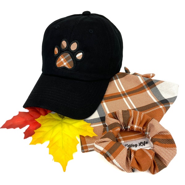 Matching Dog and Owner Set, Dog Mom Dad Hat, Fall Plaid Bandana Hair Scrunchie Set, Thanksgiving Bandana for Dogs, Dog lover Gift, Pet gift