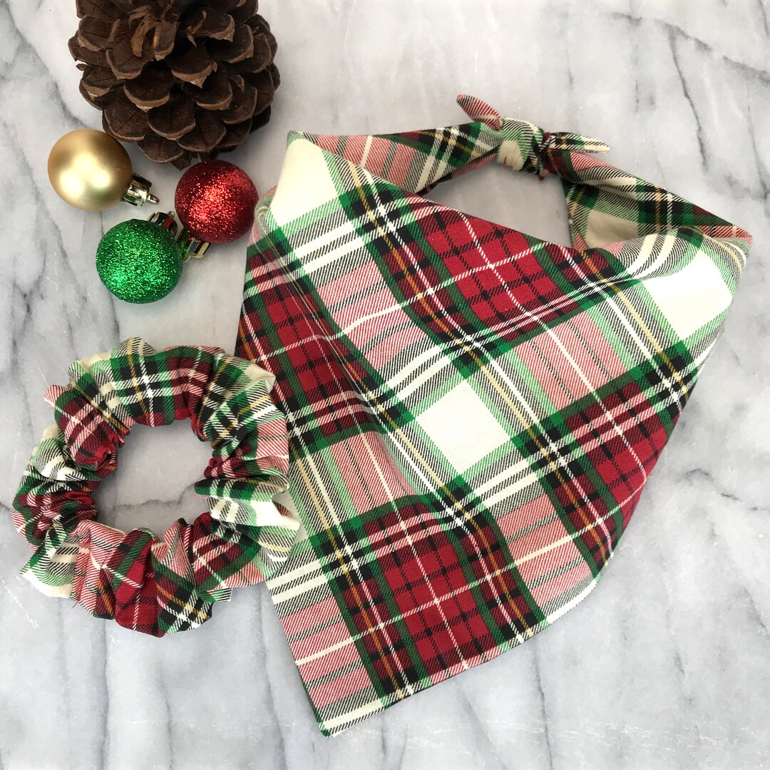 Christmas Plaid Matching Dog Bandana and Hair Scrunchie Set, Bandana