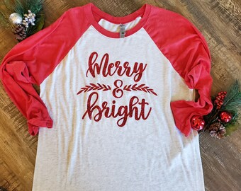 Camisa de Navidad, Alegre y Brillante, Camiseta de Navidad de Mujer, Raglan de Navidad, Camiseta de Navidad para Niños