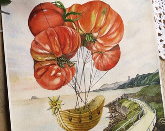 Flying Tomatoes wall art, print on A4, art print, plant illustration, botanical art, magical plant, fantasy art, imagination art