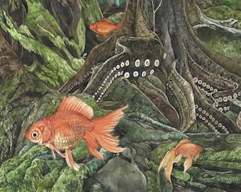 Flying Fish Octopus Forest Giclée Print, Fantasy Wall Art