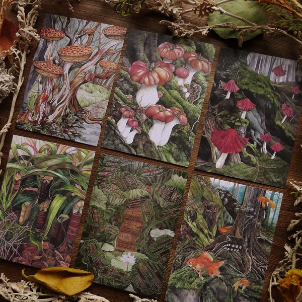 Small Art, strange forest postcards / Set of 6 postcards