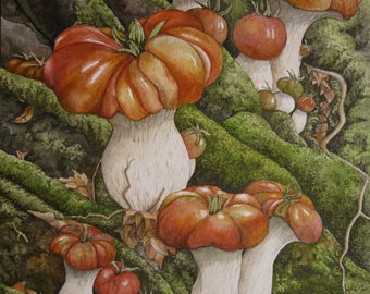 Tomato mushrooms in mossy forest, small illustration / print A5, mushroom art, fantasy art, imagination art, magical plant