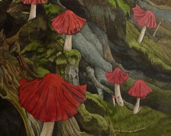 Red Mushroom Skirt, Mossy Forest Art Print, Botanical Illustration A5