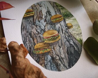 Burger Tree Giclee Print, Fantasy Plant Illustration (A5)
