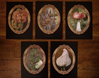 Small art, golden frame postcard set A6 / victorian pumpkin, burger tree, apple mushroom, okra, cream spring onion, fairytale cards