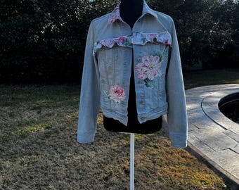 Upcycled Denim Jean Jacket with Floral Embellishments and Ruffles, Medium