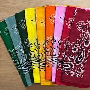Puede incluir: Una colecci&oacute;n de pa&ntilde;uelos coloridos en tonos verdes, grises, amarillos, naranjas, rosas y rojos. Cada pa&ntilde;uelo presenta un dise&ntilde;o de cachemira blanco. Los pa&ntilde;uelos est&aacute;n abanicados, mostrando sus colores y patrones vibrantes.