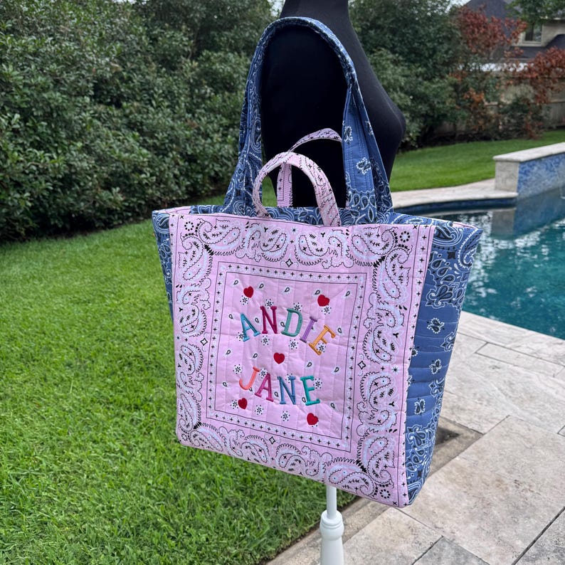 Personalized Quilted Bandana Tote Bag - Custom Shoulder Travel Tote - diaper bag- beach tote- back to school