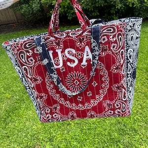 Personalized Quilted Bandana Tote Bag - Custom Shoulder Travel Tote - Red White and Blue - Diaper Bag