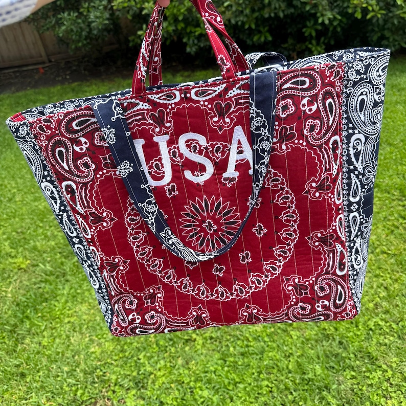Personalized Quilted Bandana Tote Bag - Custom Shoulder Travel Tote - Red White and Blue - Diaper Bag