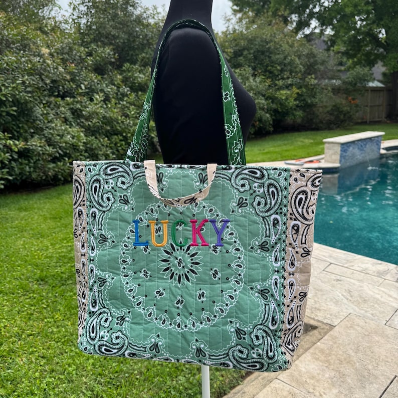 Personalized Quilted Bandana Tote Bag - Custom Shoulder Travel Tote