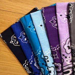 Puede incluir: Una colecci&oacute;n de pa&ntilde;uelos bandana en varios tonos de azul, morado y gris, cada uno con un dise&ntilde;o de cachemira blanco. Los pa&ntilde;uelos est&aacute;n cuidadosamente dispuestos, mostrando sus diferentes colores y patrones.