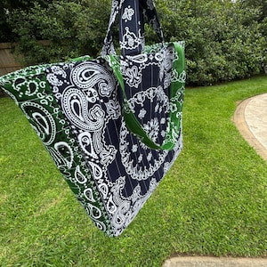 Personalized Quilted Bandana Tote Bag - Custom Shoulder Travel Tote - Navy and Green Diaper Bag