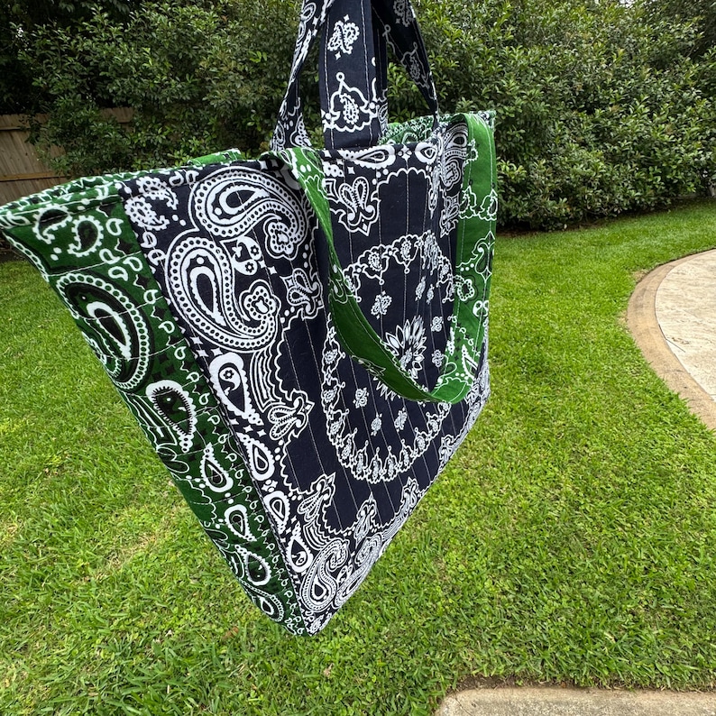 Personalized Quilted Bandana Tote Bag - Custom Shoulder Travel Tote - Navy and Green Diaper Bag