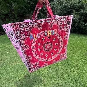 Personalized Quilted Bandana Tote Bag - Custom Shoulder Travel Tote - diaper bag- beach tote- back to school