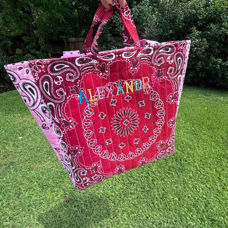 Personalized Quilted Bandana Tote Bag - Custom Shoulder Travel Tote - diaper bag- beach tote- back to school