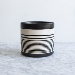 Rhodes Striped Planter, Black and Cream Ceramic Indoor Planter, Modern, Black and Cream Cache Pot, Housewarming gift (6.5&quot; x 6.75&quot;)