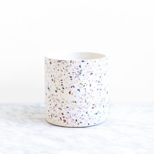 Concrete Terrazzo White Planter (Medium), Multicolor Indoor Planter, Terrazzo Cache Pot, Housewarming gift (4.5" X 4.5")