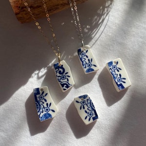 Blue And White Floral Pottery Necklace, Dainty Sterling Silver or 14K Gold Filled Necklace, Broken Pottery Jewelry, Blue Willow Design