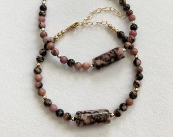 Rhodonite Bracelet, Sterling Silver or 14K Gold Filled Adjustable Bracelet