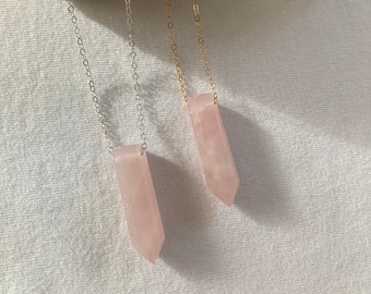 Rozenkwarts puntketting, sierlijke sterlingzilver of 14K gold filled ketting
