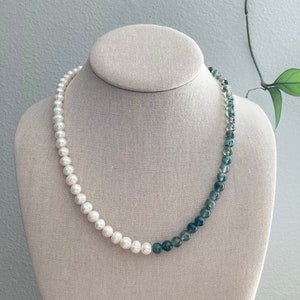 Moss Agate and Freshwater Pearl Sterling Silver Necklace, Genuine Moss Agate and Freshwater Pearls, Half Gemstone Half Pearl Necklace