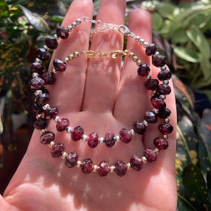 Red Garnet Bracelet, Sterling Silver or 14k Gold Filled Adjustable Bracelet, Faceted Natural Red Garnet Beaded Bracelet