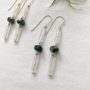 Moss Agate and Clear Quartz Earrings, Authentic Gemstone Earrings, 14K Gold Filled Or Sterling Silver Earrings, Dangly Crystal Earrings