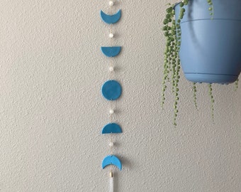 Moon Phase Wall Hanging, Rainbow Moonstone Crystal Beads, Selenite Stick, Gold Chain Wall Hanging, Handmade Decor, Celestial Decor,Blue Moon