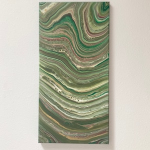 Green, Brown And Gold Acrylic Pour Painting On 10x20” Canvas, Original Painting, Long Canvas, Unique Art, Abstract Painting, Green Wall Art